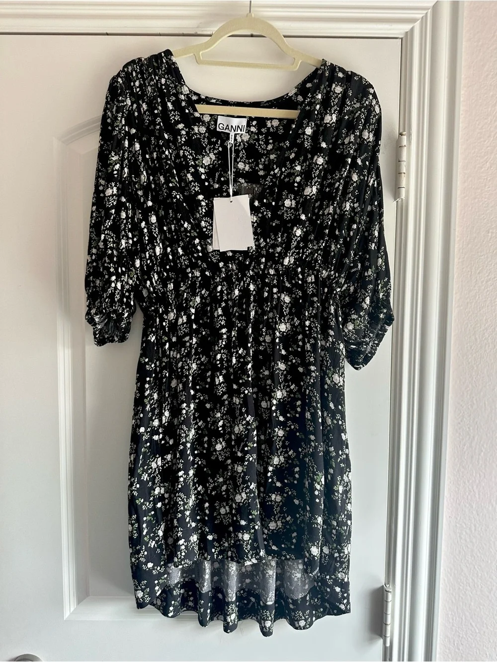 Ganni Black and White Floral Mini Dress - Picture 1 of 8